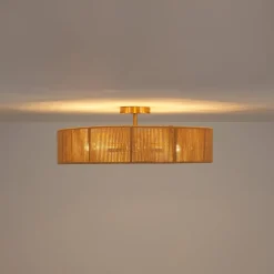 French Country Brown Woven Rope Wide Drum Semi Flush Chandelier