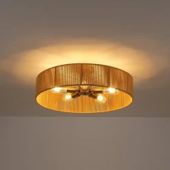 French Country Brown Woven Rope Wide Drum Semi Flush Chandelier