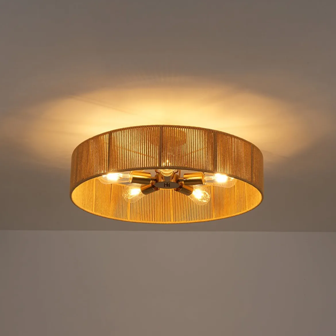 French Country Brown Woven Rope Wide Drum Semi Flush Chandelier