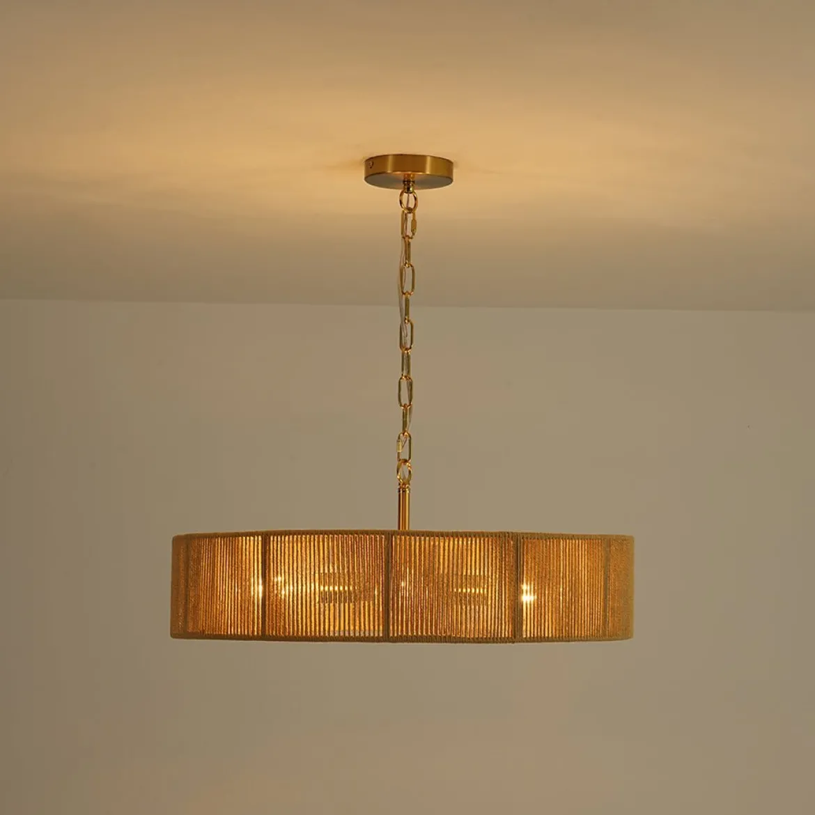 French Country Brown Woven Rope Wide Drum Semi Flush Chandelier