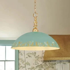 French Country Distressed Teal Gold Flat Dome Metal Pendant