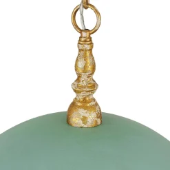 French Country Distressed Teal Gold Flat Dome Metal Pendant