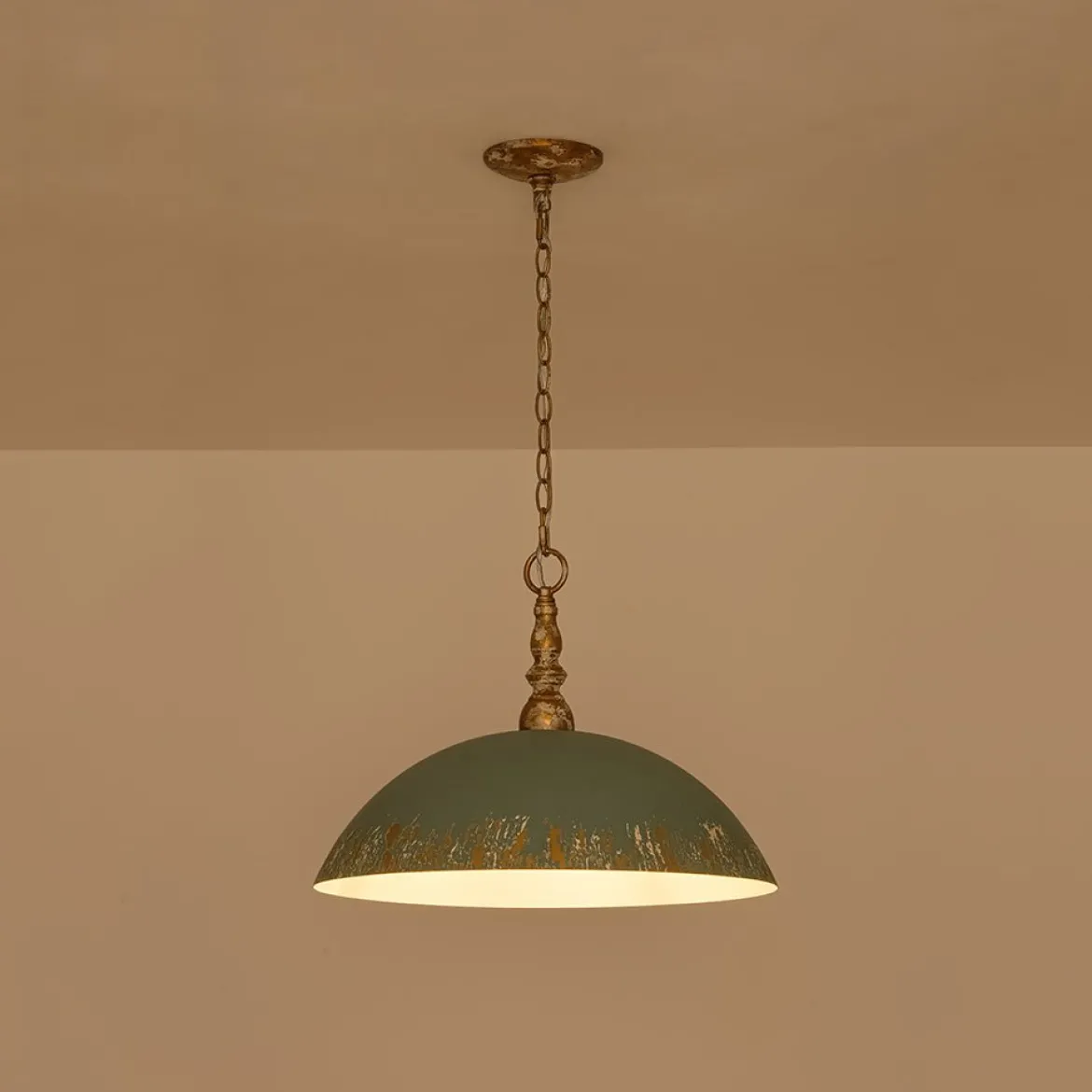 French Country Distressed Teal Gold Flat Dome Metal Pendant