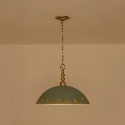 French Country Distressed Teal Gold Flat Dome Metal Pendant