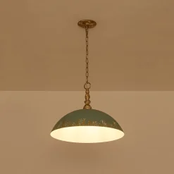 French Country Distressed Teal Gold Flat Dome Metal Pendant
