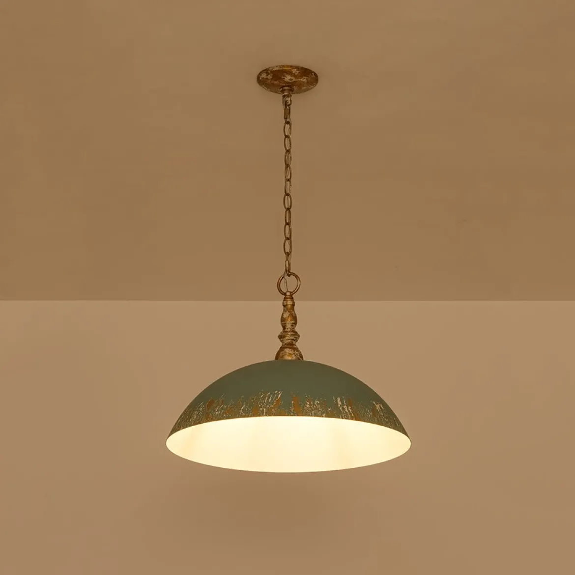 French Country Distressed Teal Gold Flat Dome Metal Pendant