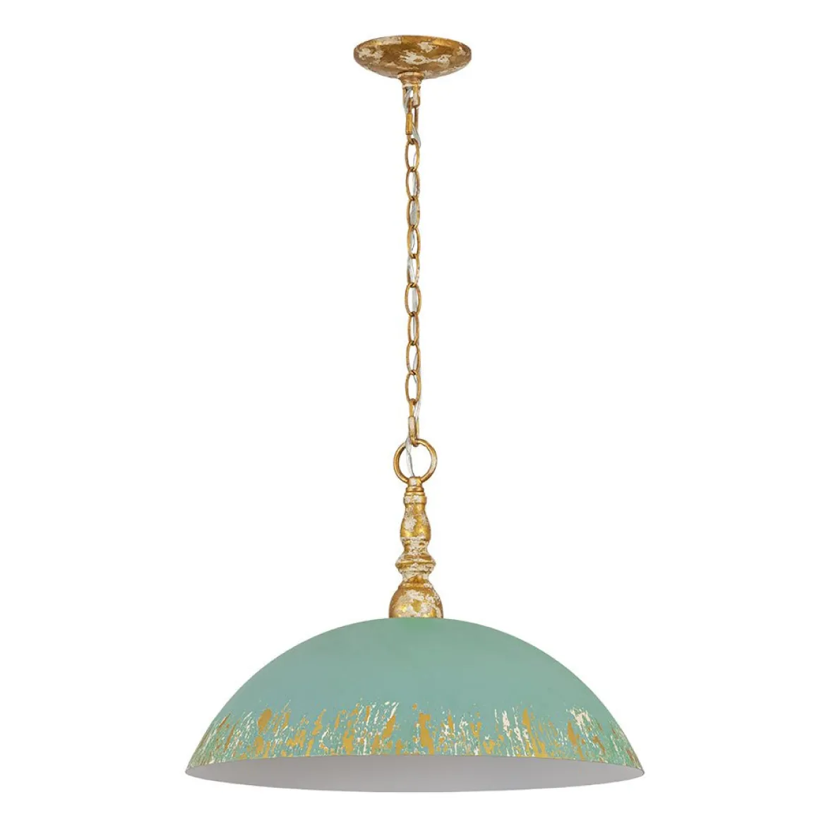 French Country Distressed Teal Gold Flat Dome Metal Pendant