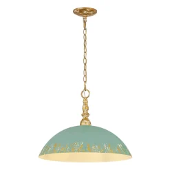 French Country Distressed Teal Gold Flat Dome Metal Pendant