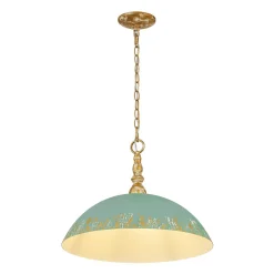 French Country Distressed Teal Gold Flat Dome Metal Pendant