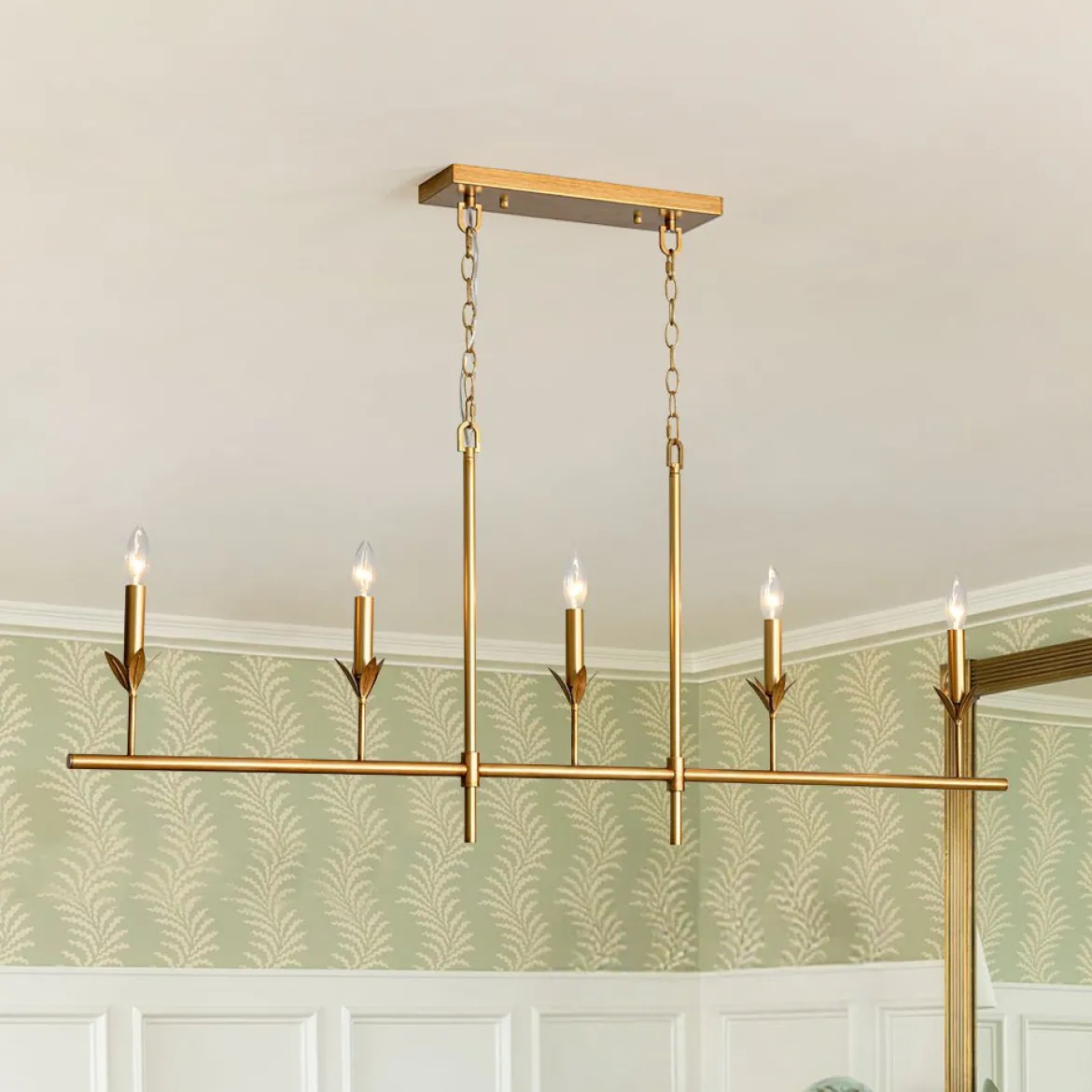 French Country 5-Light Fabric Shade Candle Linear Island Chandelier