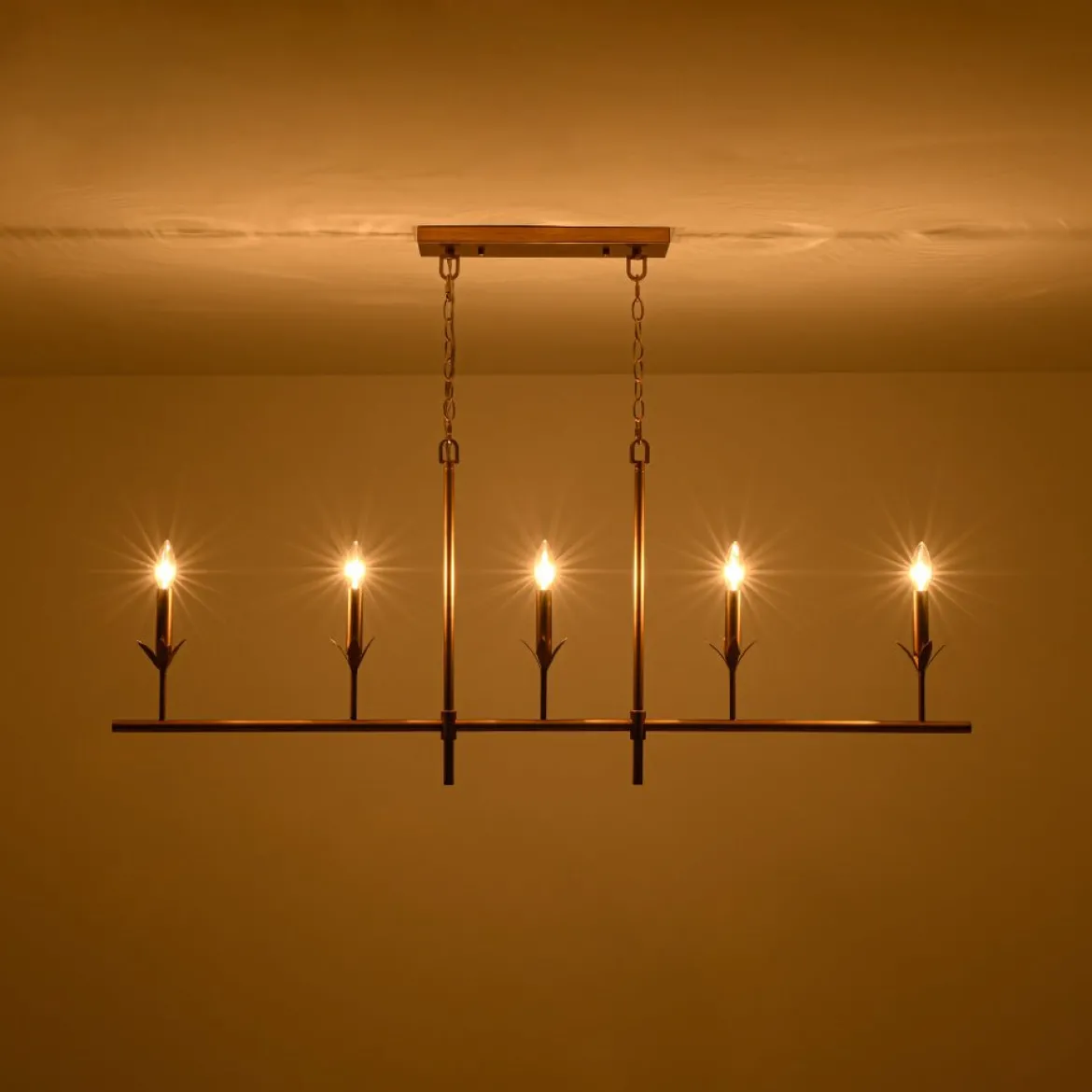 French Country 5-Light Fabric Shade Candle Linear Island Chandelier