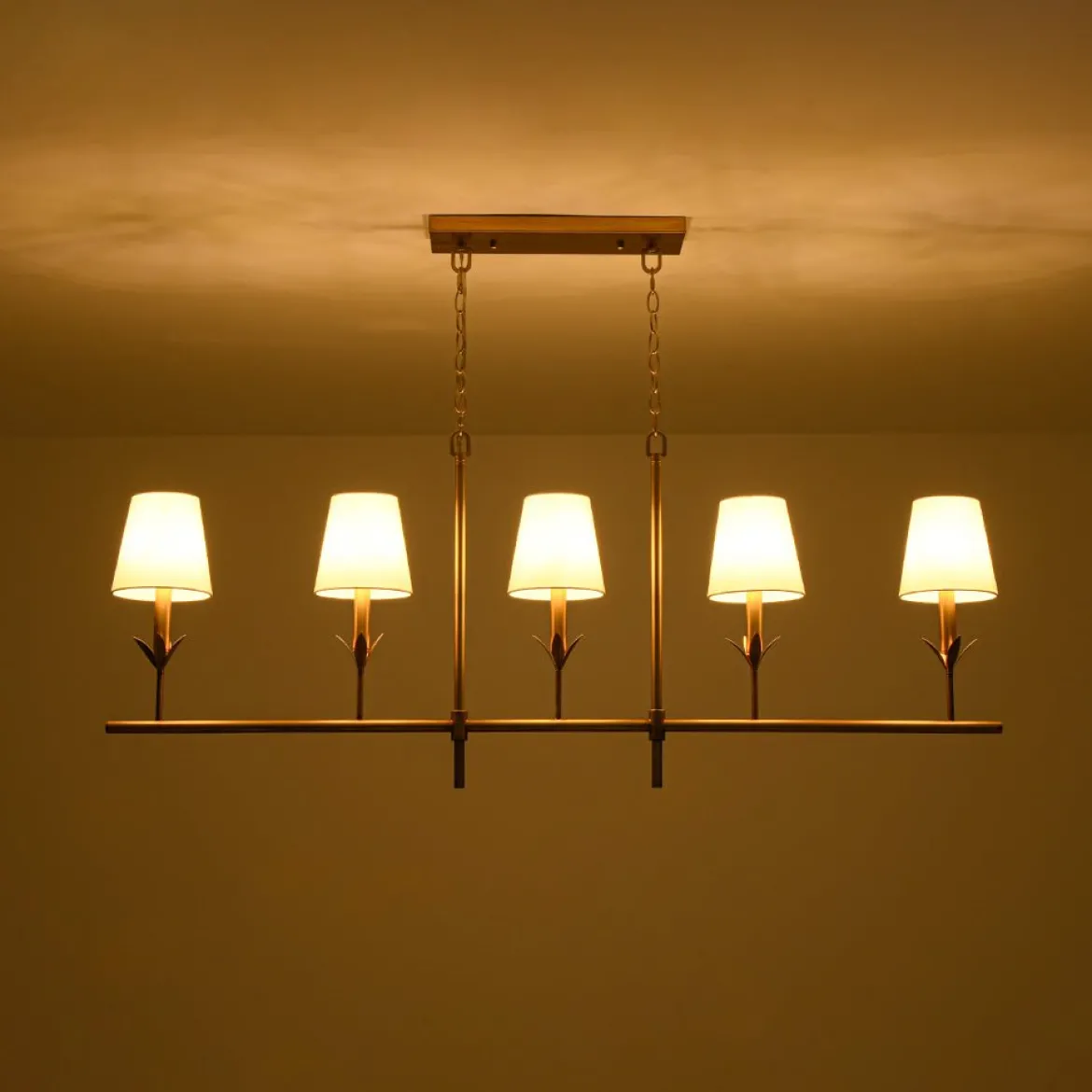 French Country 5-Light Fabric Shade Candle Linear Island Chandelier