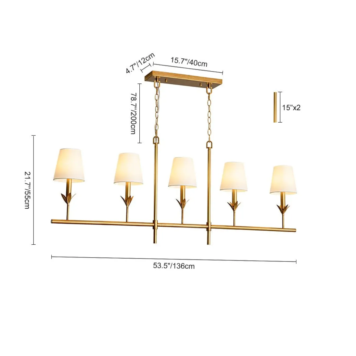 French Country 5-Light Fabric Shade Candle Linear Island Chandelier