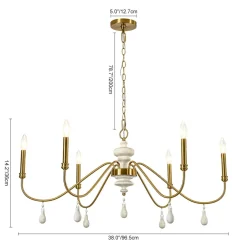 French Country White Wood Brass Iron Candle Chandelier