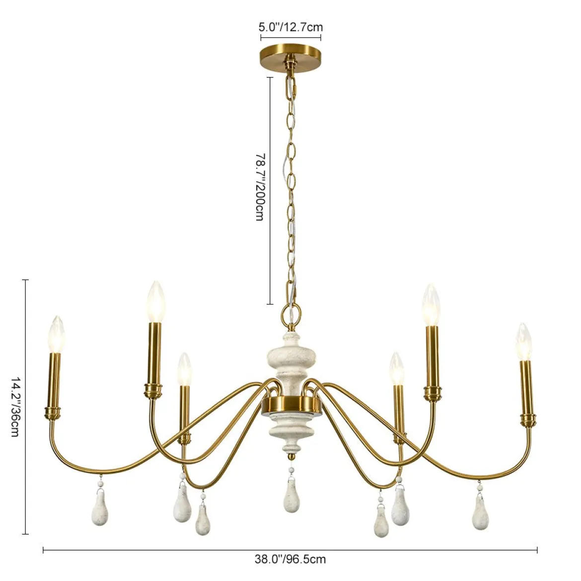 French Country White Wood Brass Iron Candle Chandelier