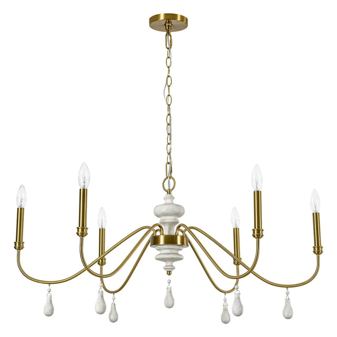 French Country White Wood Brass Iron Candle Chandelier