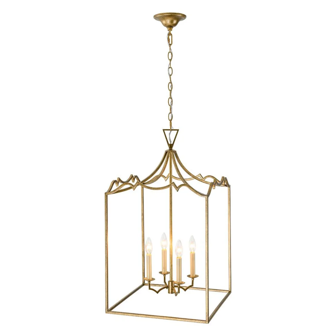French Distressed Gold Candle Square Lantern Chandelier