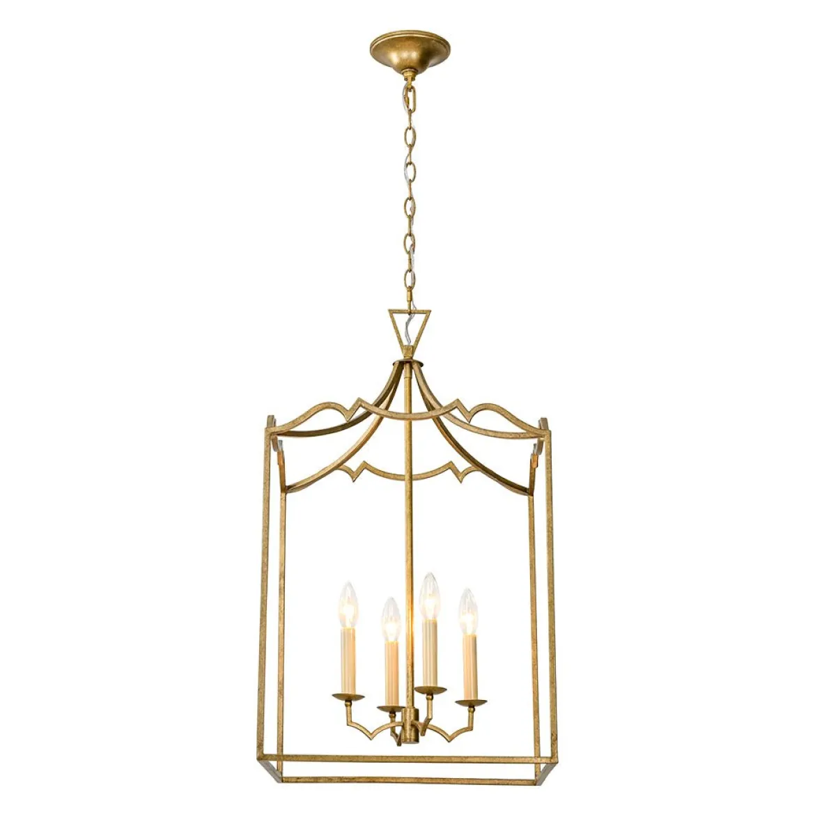 French Distressed Gold Candle Square Lantern Chandelier
