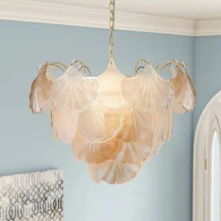 French Gold Layered Ginkgo Leaf Textured Glass Chandelier