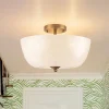 French 3-Light White Clouded Glass Round Semi Flush Mount