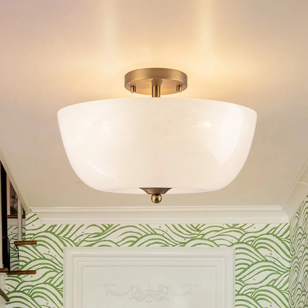 French 3-Light White Clouded Glass Round Semi Flush Mount