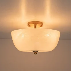 French 3-Light White Clouded Glass Round Semi Flush Mount