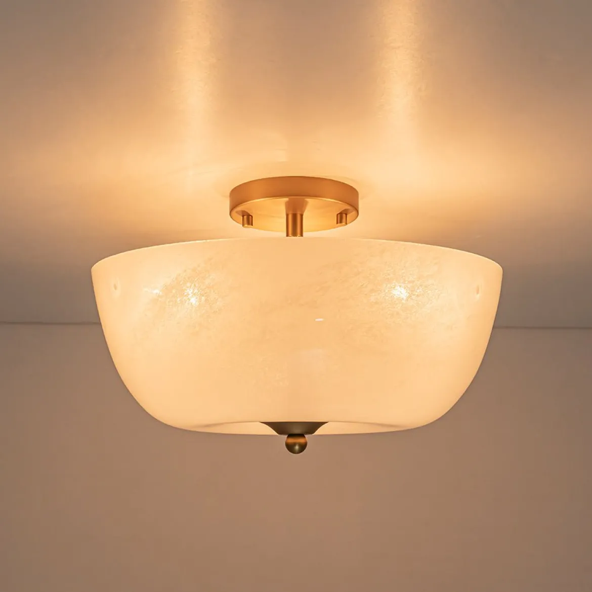 French 3-Light White Clouded Glass Round Semi Flush Mount