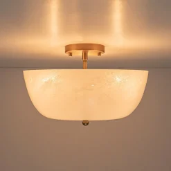 French 3-Light White Clouded Glass Round Semi Flush Mount
