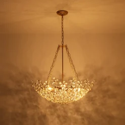 French Luxe Brass Bloom Crystal Floral Basket Chandelier