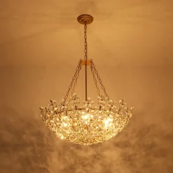French Luxe Brass Bloom Crystal Floral Basket Chandelier