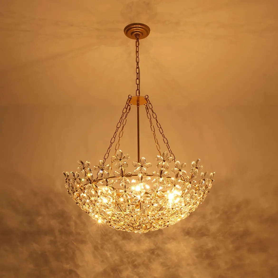 French Luxe Brass Bloom Crystal Floral Basket Chandelier