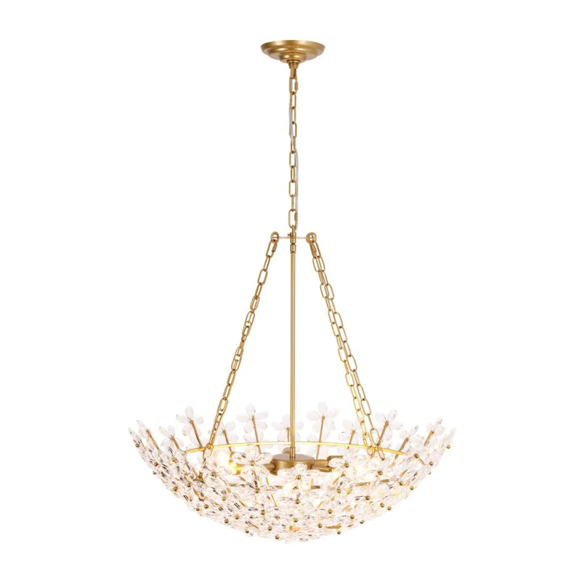 French Luxe Brass Bloom Crystal Floral Basket Chandelier