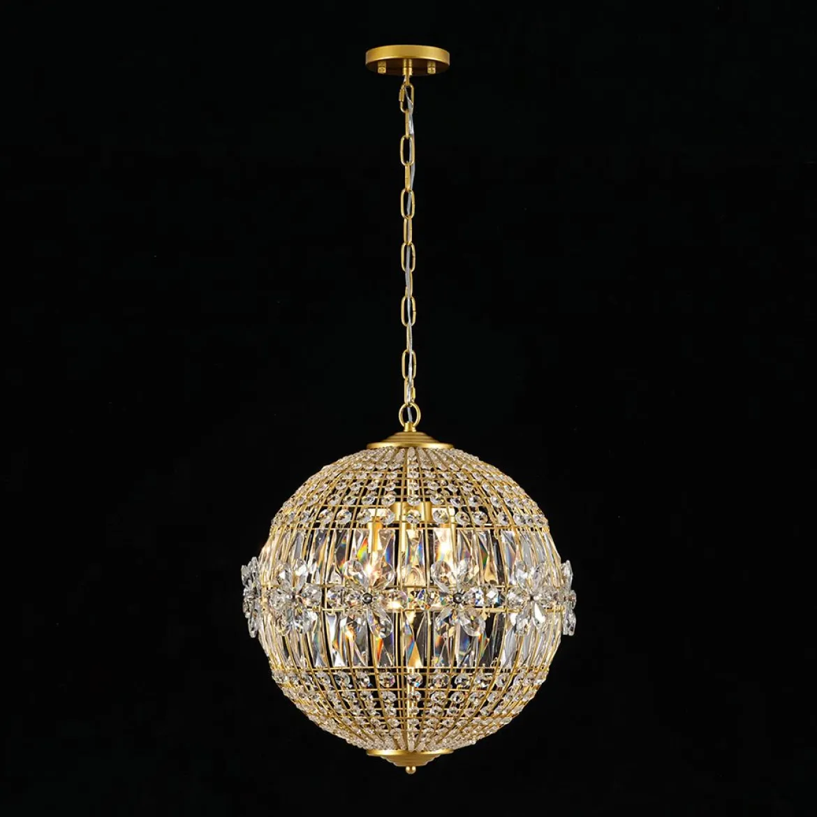 French Luxury Brass Floral Crystal Globe Chandelier