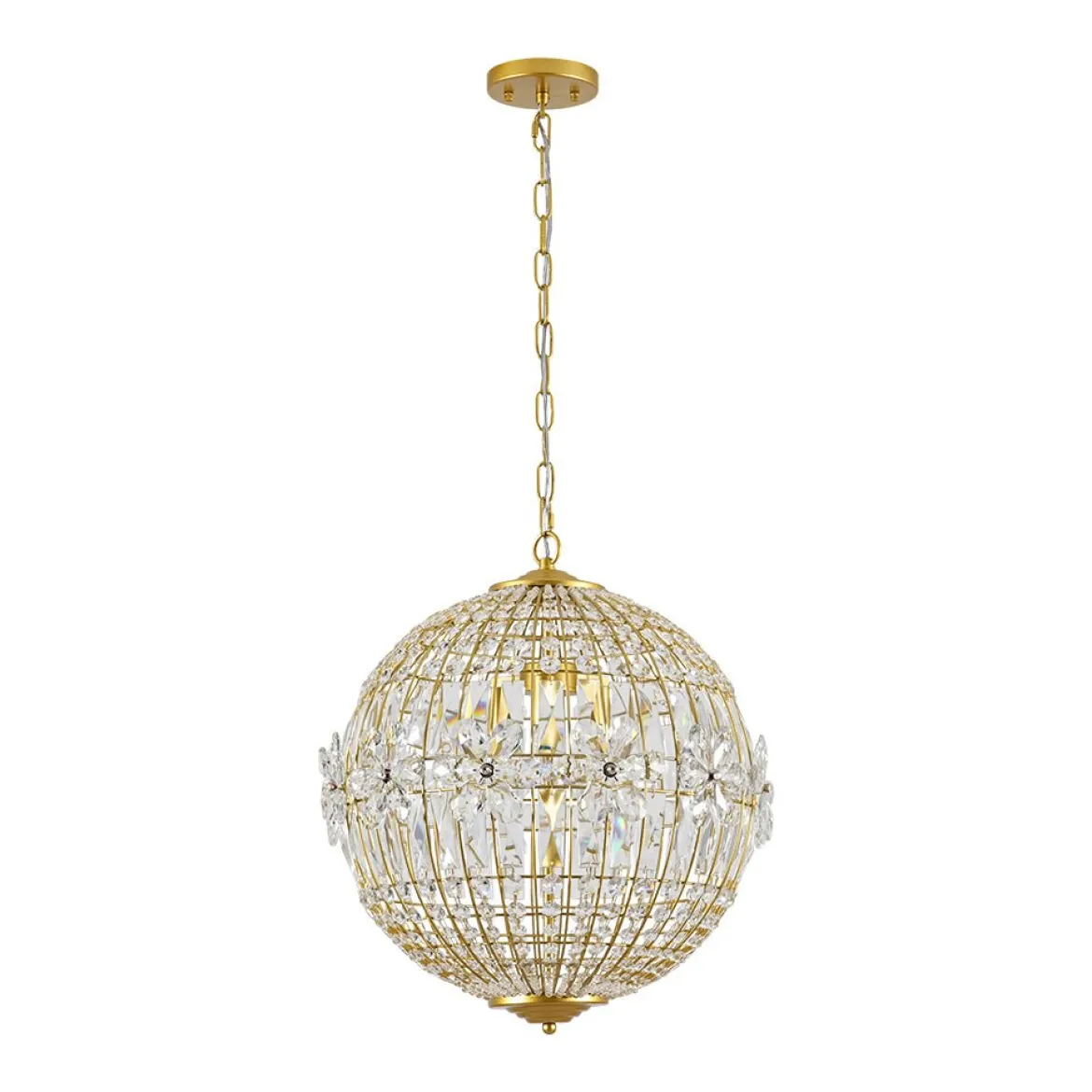 French Luxury Brass Floral Crystal Globe Chandelier