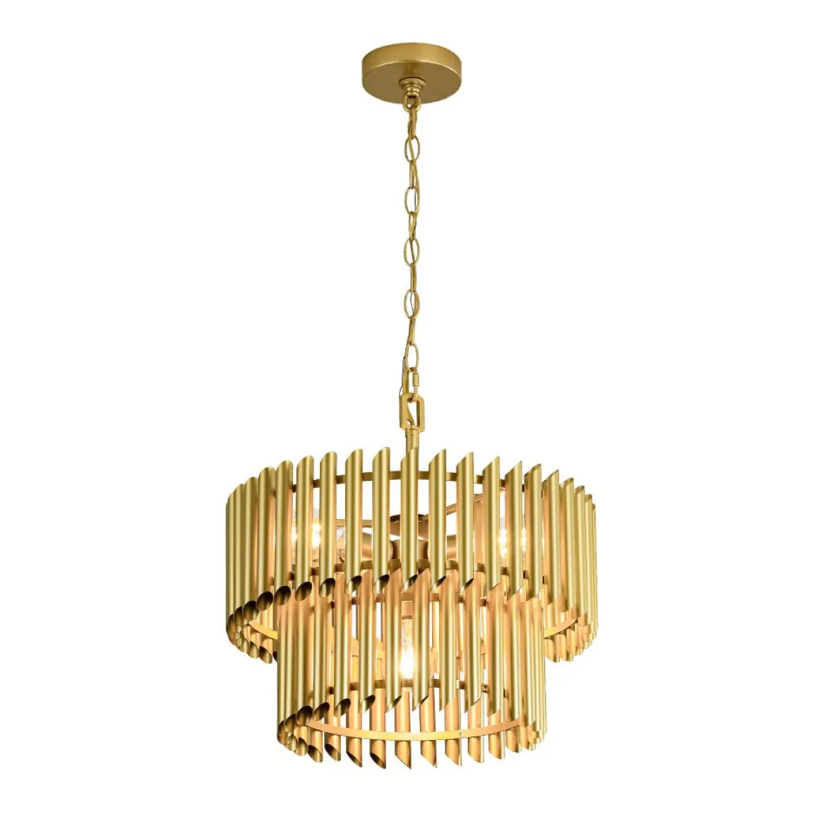 French Luxury Gold 2-Tier Metal Drum Cage Chandelier