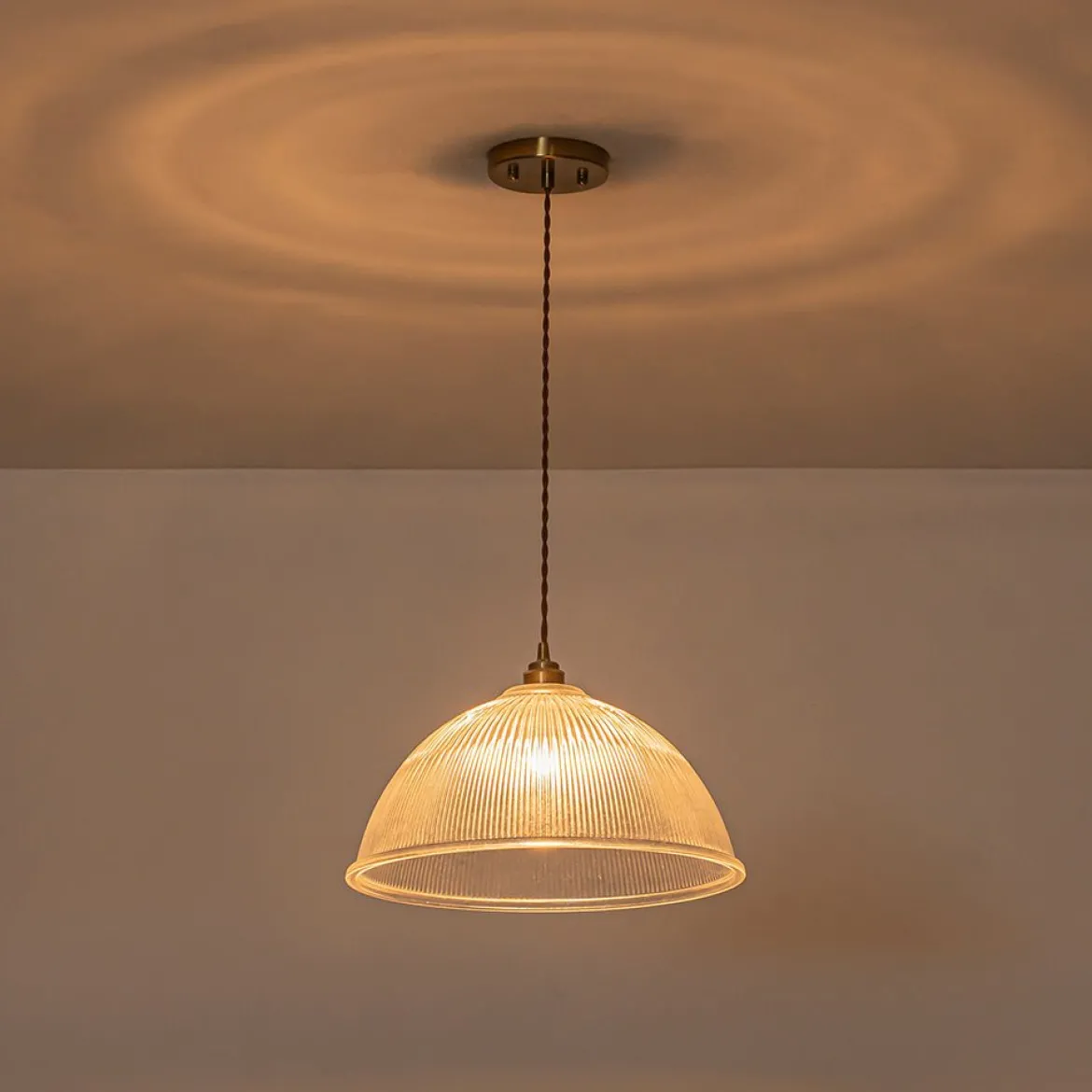 French Retro 1-Light Clear Ribbed Glass Dome Pendant