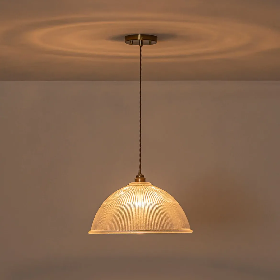 French Retro 1-Light Clear Ribbed Glass Dome Pendant