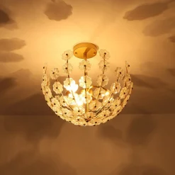 French Sculpture Brass Bloom Glass Floral Semi Flush Mount