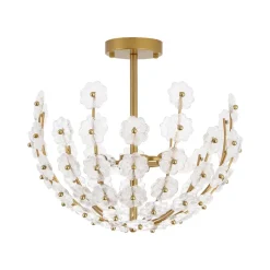 French Sculpture Brass Bloom Glass Floral Semi Flush Mount