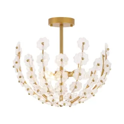 French Sculpture Brass Bloom Glass Floral Semi Flush Mount