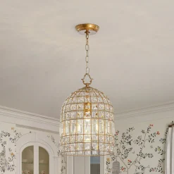 French Shabby Chic Antique Brass Crystal Cage Chandelier