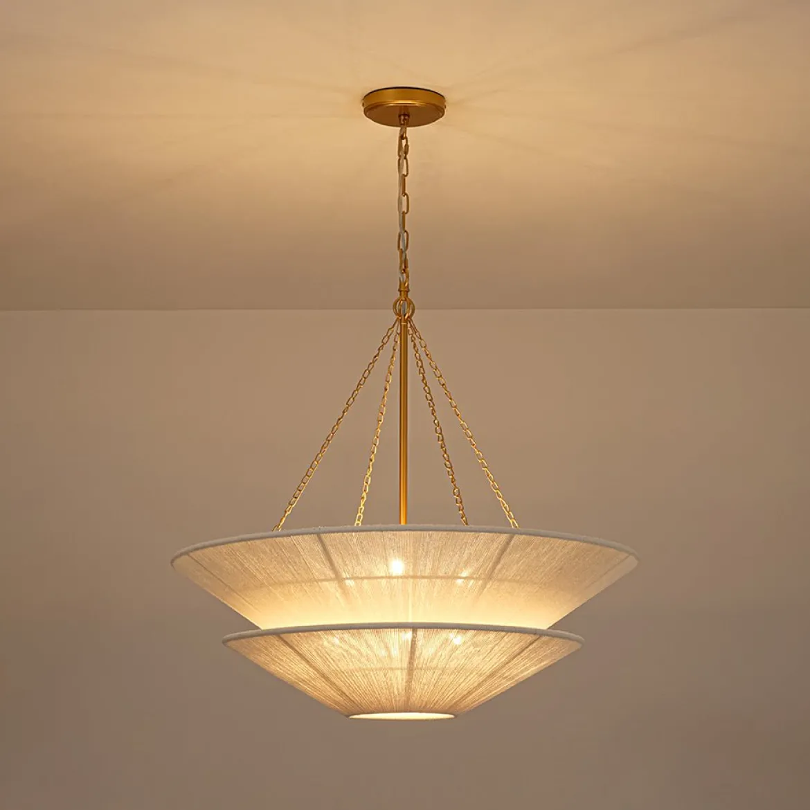 French 2-Tier Beige Woven Thread Cone Round Cage Chandelier