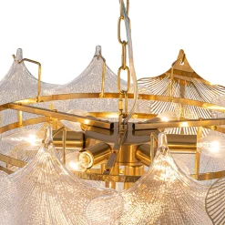 French Tiered Ginkgo Leaf Textured Glass Round Chandelier