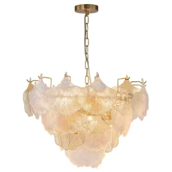 French Tiered Ginkgo Leaf Textured Glass Round Chandelier