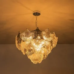French Tiered Ginkgo Leaf Textured Glass Round Chandelier