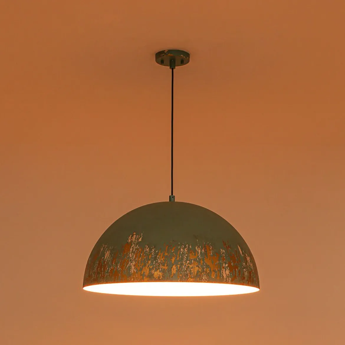 French Vintage Weathered Gilded Oversized Iron Dome Pendant