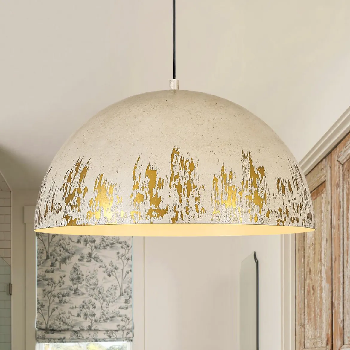 French Vintage Weathered Gilded Oversized Iron Dome Pendant