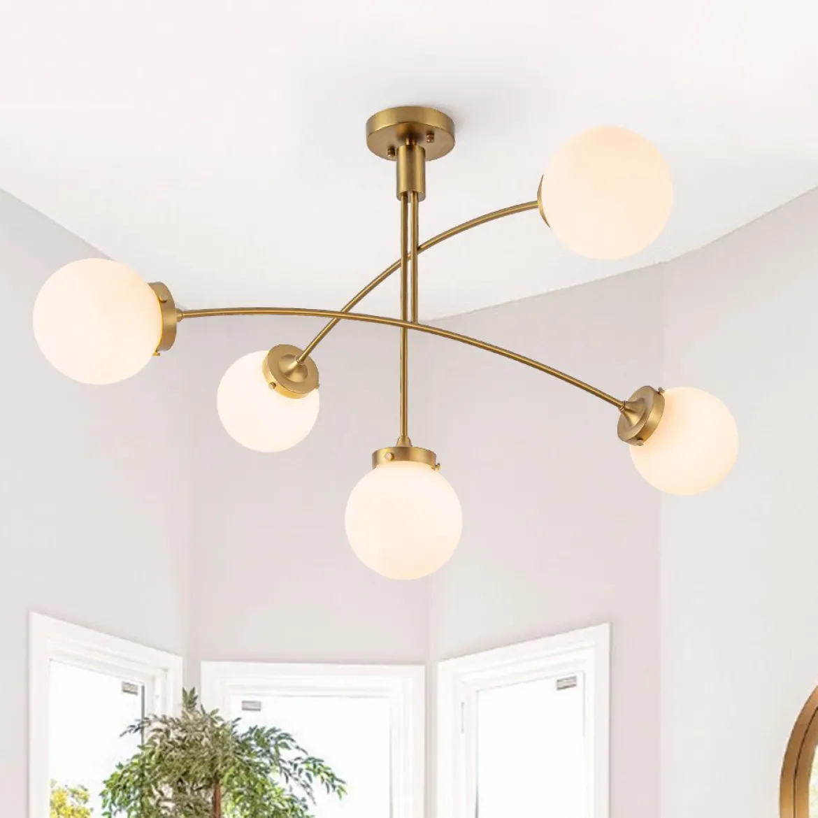 Funky 5-Light Seesaw Arched Arm Glass Globe Semi Flush Chandelier