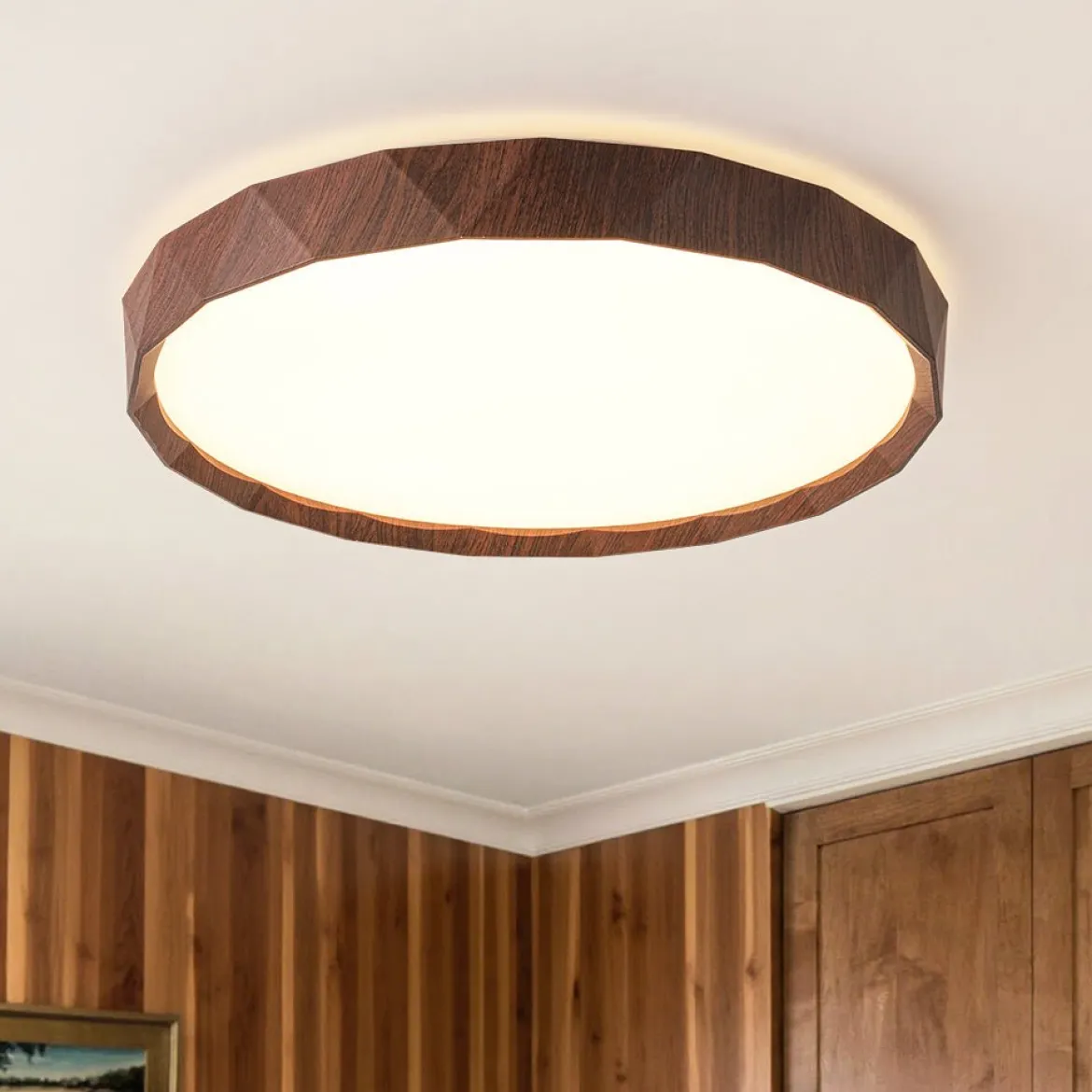 Geometric Wood Style Dimmable LED Flush Mount Light