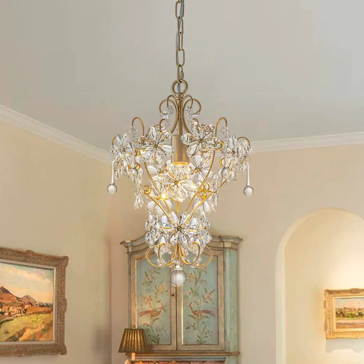Glam Bloom Floral Crystal Accented Cage Pendant Light